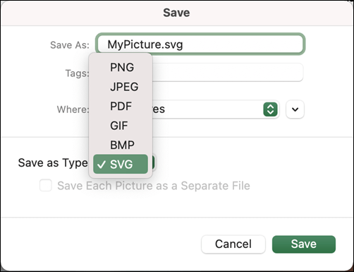 Als Dialog in Excel 2021 für Mac mit ausgewählter SVG-Option speichern