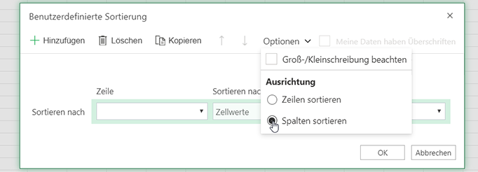 Benutzerdefinierte Sortierung öffnen Das Menü 