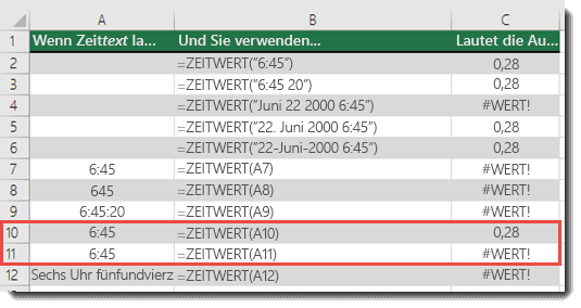 Ausgabe verschiedener ZEITWERT-Funktionen