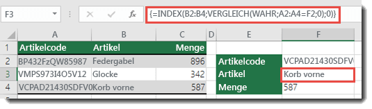 Wenn Sie INDEX/MATCH verwenden, wenn Sie einen Nachschlagewert größer als 255 Zeichen haben, muss als Arrayformel eingegeben werden. Die Formel in Zelle F3 lautet =INDEX(B2:B4;MATCH(TRUE;A2:A4=F2;0);0), und wird durch Drücken von STRG+UMSCHALT+EINGABETASTE eingegeben.