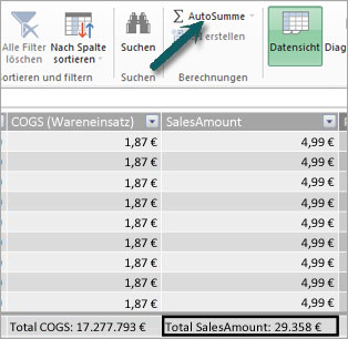 Schaltfläche 'AutoSumme' in Power Pivot