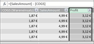 Spalte 'Gewinn' in Power Pivot-Tabelle