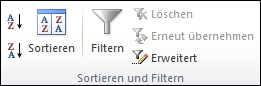 Die Gruppe „Sortieren und Filtern“ auf der Registerkarte „Daten“