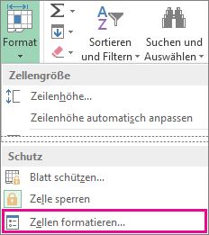 Registerkarte 'Start' mit Schaltfläche 'Format' und Befehl 'Zellen formatieren' im Menü