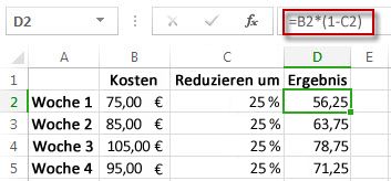 Ergebnis mit Prozentsatz in Spalte D