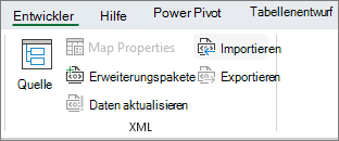 XML-Befehle auf der Registerkarte 'Entwicklertools'
