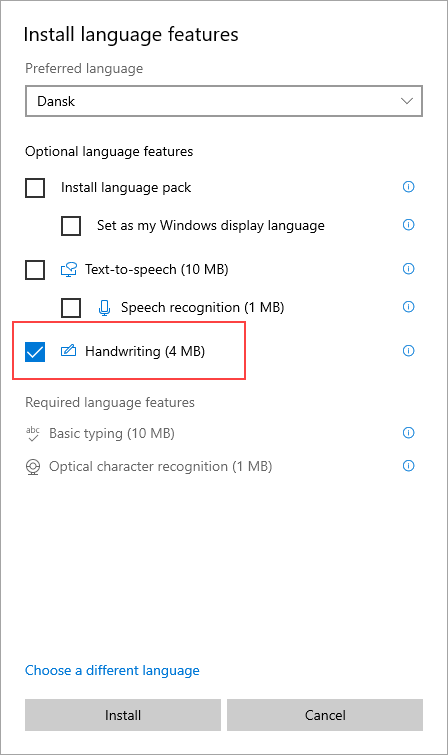 Installieren Sie Handschrift für das Sprachpaket.