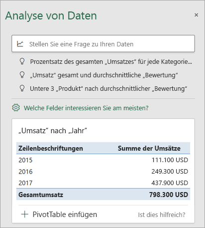 Der Bereich „Datenanalyse“ mit angepassten Vorschlägen.