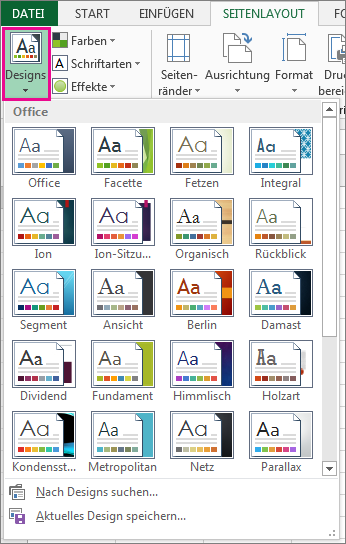 Designkatalog auf der Registerkarte 'Seitenlayout'
