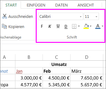 Schaltflächen zum Festlegen der Schriftart im Menüband