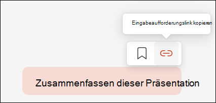 Zeigt eine Copilot-Prompt an, wobei der Cursor darauf zeigt, wodurch ein kleines Menü in der oberen rechten Ecke angezeigt wird, das die Schaltfläche für den Link 