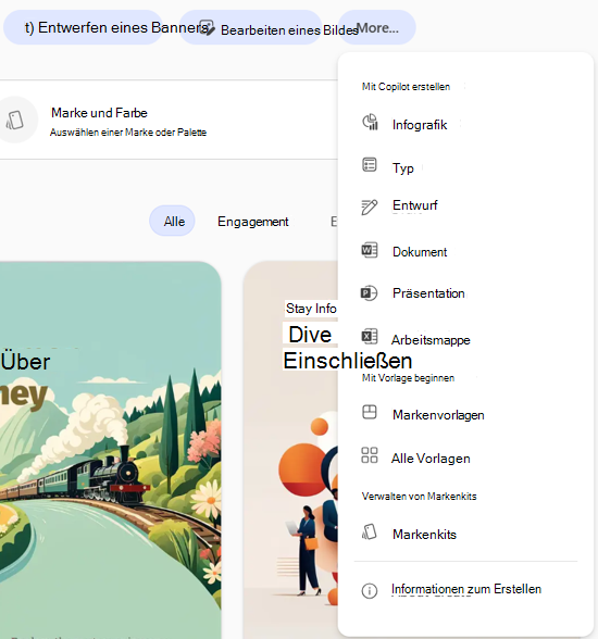 Screenshot der Benutzeroberfläche zum Auswählen von Mehr als Brandingkits in Microsoft 365 Copilot App