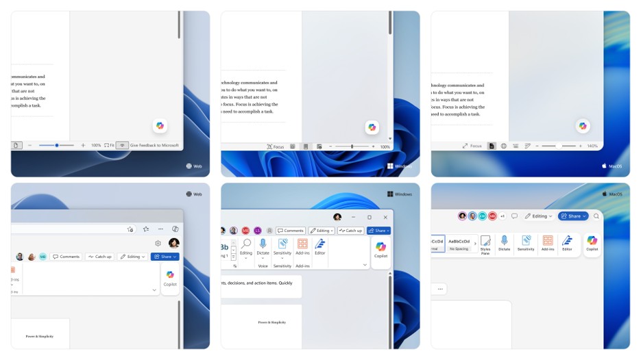Sechs Screenshots, die die Positionen der Copilot-Schaltflächen in Word unter Windows und macOS zeigen.