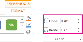 Die Felder 'Höhe' und Breite' auf der Registerkarte 'Format' unter 'Zeichentools'