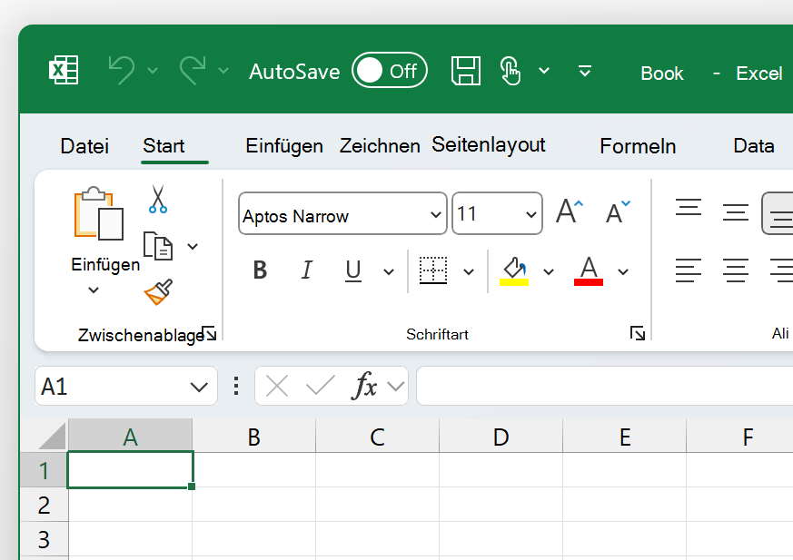 Screenshot der oberen linken Seite von Excel im Farbigen Design