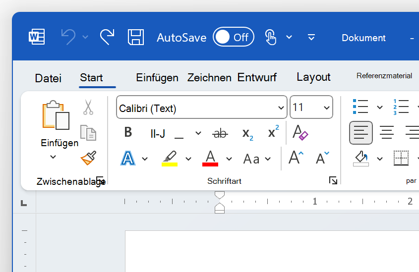 Screenshot der oberen linken Seite von Word im Design 