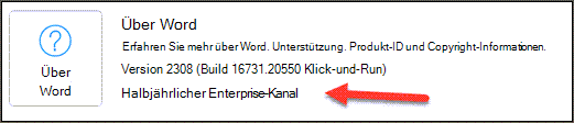 Hinweis auf den halbjährlichen Enterprise-Kanals im Bereich „Info“ des Abschnitts „Produktinformationen“.