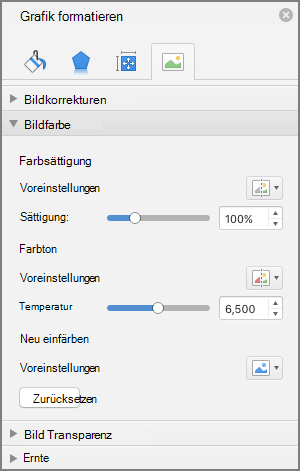 Anpassen der Farbsättigungseinstellungen im Bereich 