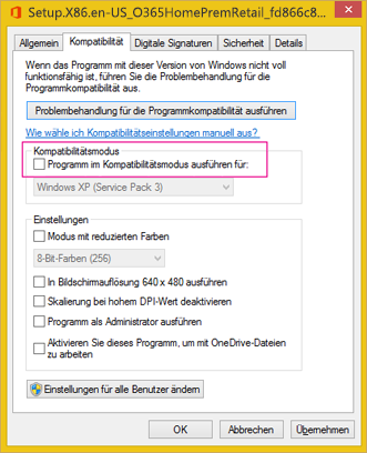 Deaktivieren der Ausführung im Kompatibilitätsmodus