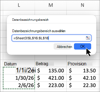 Screenshot des Mac-Datenbezeichnungsbereichs in Excel.
