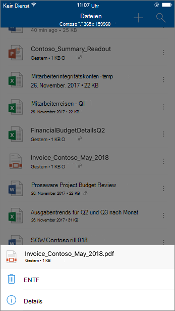 Screenshot des Löschens einer blockierten Datei von OneDrive for Business aus der mobilen OneDrive-App