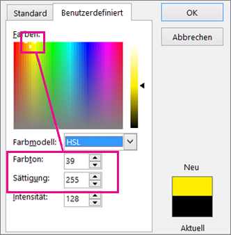Selection in Colors rectangle sets hue and saturation