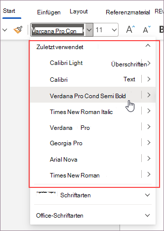 Zuletzt verwendete Schriftarten