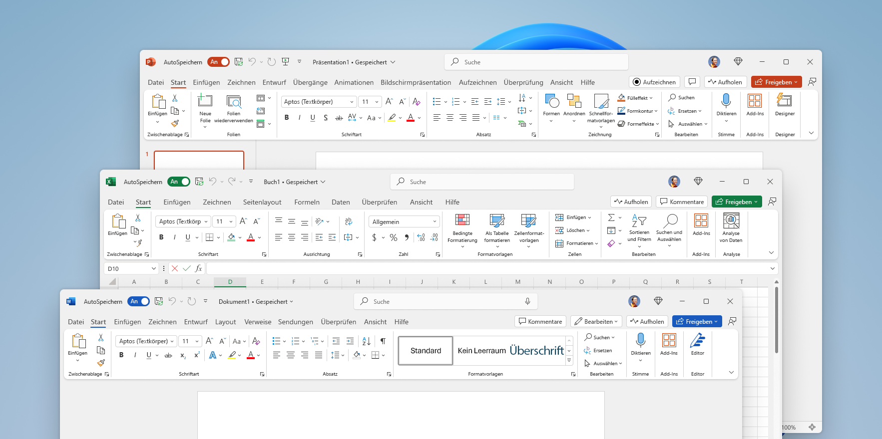 Screenshot: PowerPoint, Excel und Word mit visueller Aktualisierung im Menüband