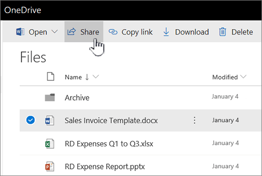 OneDrive mit ausgewählter Datei und gedrückter Schaltfläche 