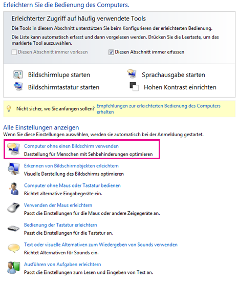 Center für erleichterte Bedienung in Windows