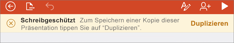 Zeigt die schreibgeschützte Benachrichtigung nach dem Öffnen einer ODF-Datei in PowerPoint für iPhone an