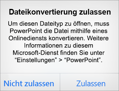 Zeigt die ODF-Datenschutzeingabeaufforderung in PowerPoint für iPhone