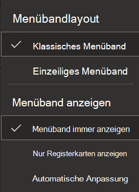 Screenshot des Menübands im Web.