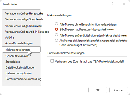 Einstellungen für Das Trust Center-Makro