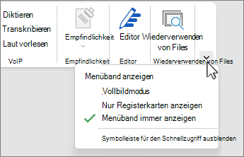 Menü „Menüband-Anzeigeoptionen“