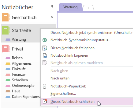 Sie können ein Notizbuch schließen, wenn Sie es nicht mehr verwenden müssen.
