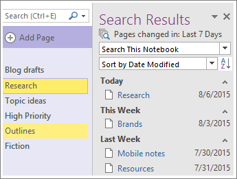 Screenshot der Suchergebnisse im Datumsbereich in OneNote 2016