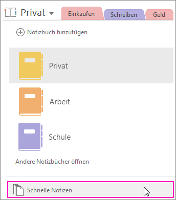 Screenshot des OneNote 2016-Notizbuchbereichs, in dem 