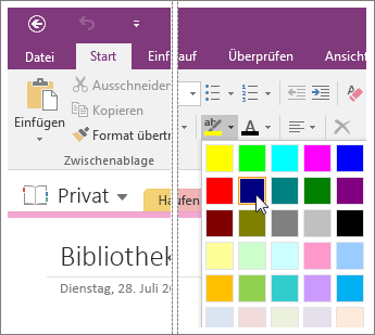 Screenshot der Schaltfläche 'Texthervorhebungsfarbe' in OneNote 2016