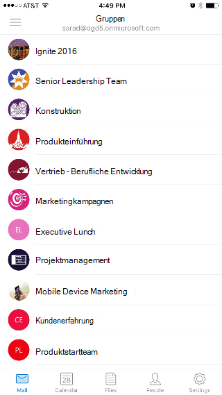 Zeigt den Bildschirm Gruppen mit einer Liste von Gruppen wie Ingite 2016 und Senior Leadership Team an.