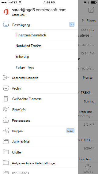 Zeigt die Outlook-App mit dem Posteingang oben in der Liste und der Option „Gruppen“ weiter unten in der Liste an.