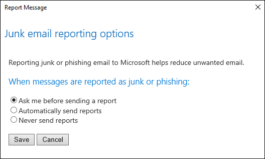 Screenshot: Optionen für Nachrichten, die als Junk- oder Phishing-Versuche gemeldet wurden
