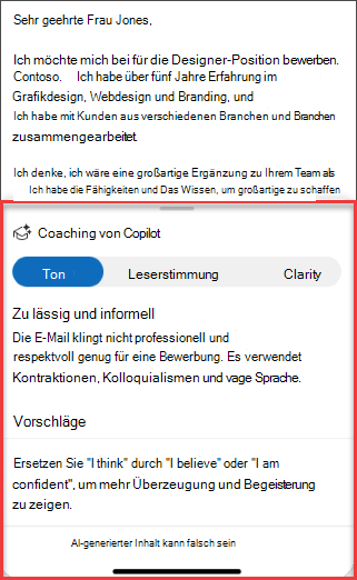 Copilots-Vorschläge für Ton, Klarheit und Leserstimmung in Outlook für Mobile