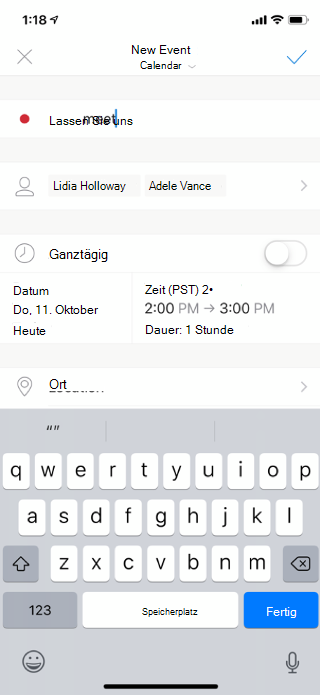 Zeigt eine E-Mail auf einem mobilen Bildschirm an. Die eingeladenen Personen werden zusammen mit dem Tag und der Uhrzeit der Besprechung aufgeführt. Es gibt auch eine Option für den Standort.