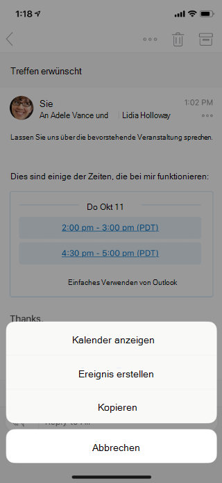 Zeigt eine E-Mail auf einem mobilen Bildschirm an. Unten stehen Menüoptionen zur Auswahl: Calendar anzeigen, Ereignis erstellen, Kopieren und Abbrechen.