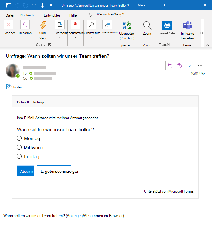 Microsoft Forms in einer Outlook-E-Mail-Nachricht