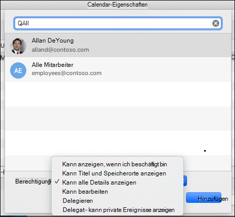 Delegierungseinstellungen für eine angegebene E-Mail-Adresse.