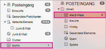 Exchange- und Gmail-Ordnerlisten nebeneinander mit hervorgehobenen Archivordnern