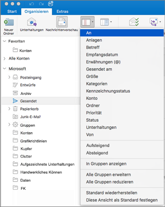 Sortieren Sie Ihre E-Mails auf unterschiedliche Weise, indem Sie auf Anordnen >> nach organisieren klicken und aus der Liste der Optionen auswählen.