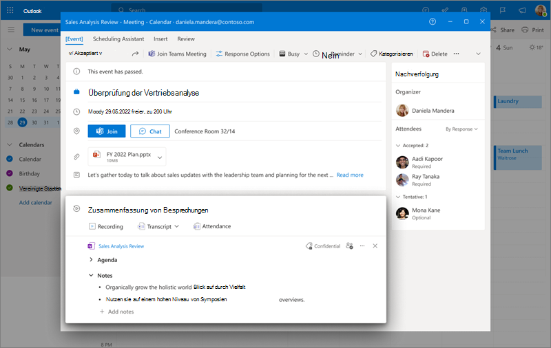 Abbildung der Besprechungszusammenführung im Outlook-Kalender